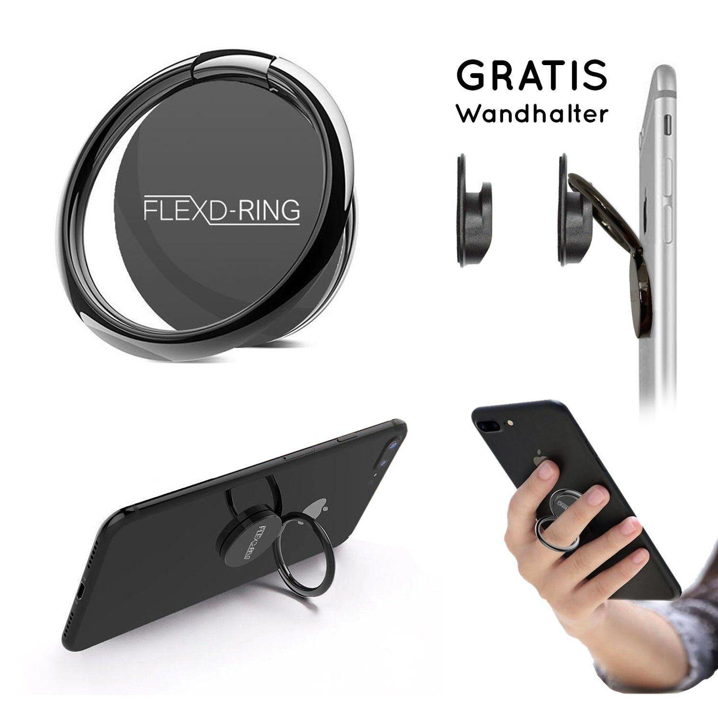 FLEXD-RING Hochwertiger Handy Fingerhalter inkl. 2x Wandhalterung Smartphone Flexd-x Schwarz 